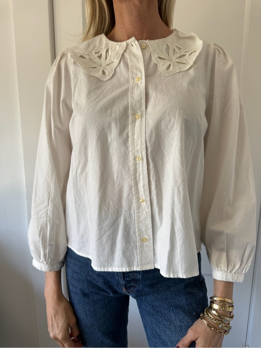 THE GREAT. White Button-Front Blouse with Cutout Collar